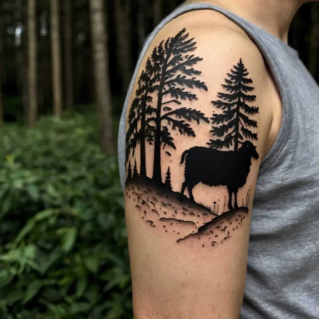 Silhouette tattoo of trees and a sheep on a hill, blending nature and pastoral life on the upper arm.