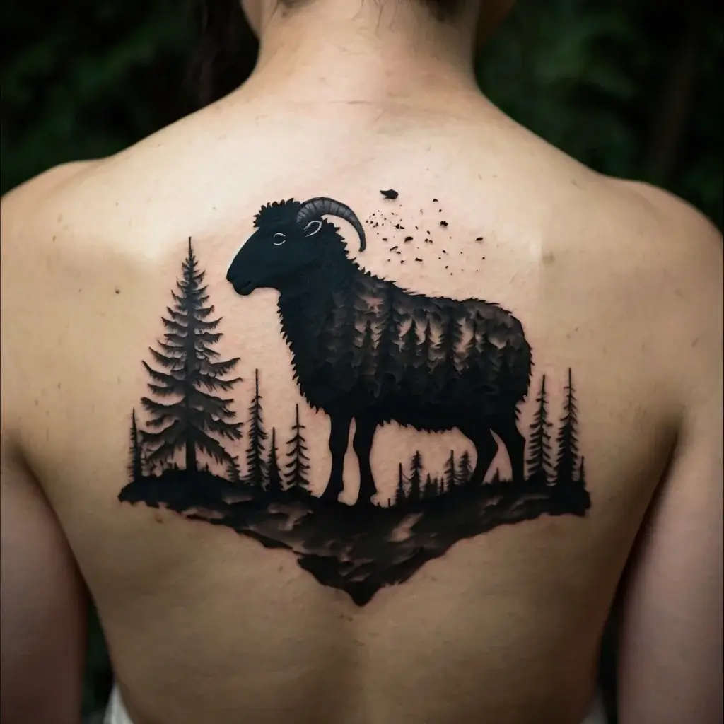 Silhouette tattoo of a ram on a back, featuring a forest within its body and trees surrounding, blending nature and wildlife.