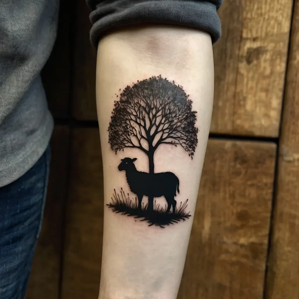 Silhouette tattoo of a sheep under a tree, blending nature and tranquility in a detailed and bold black design.