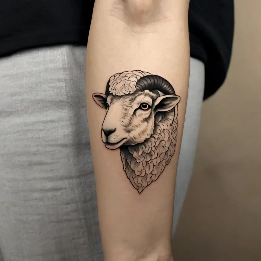 Tattoo of a realistic ram's head, featuring detailed shading and texture, with curled horns, on the forearm.