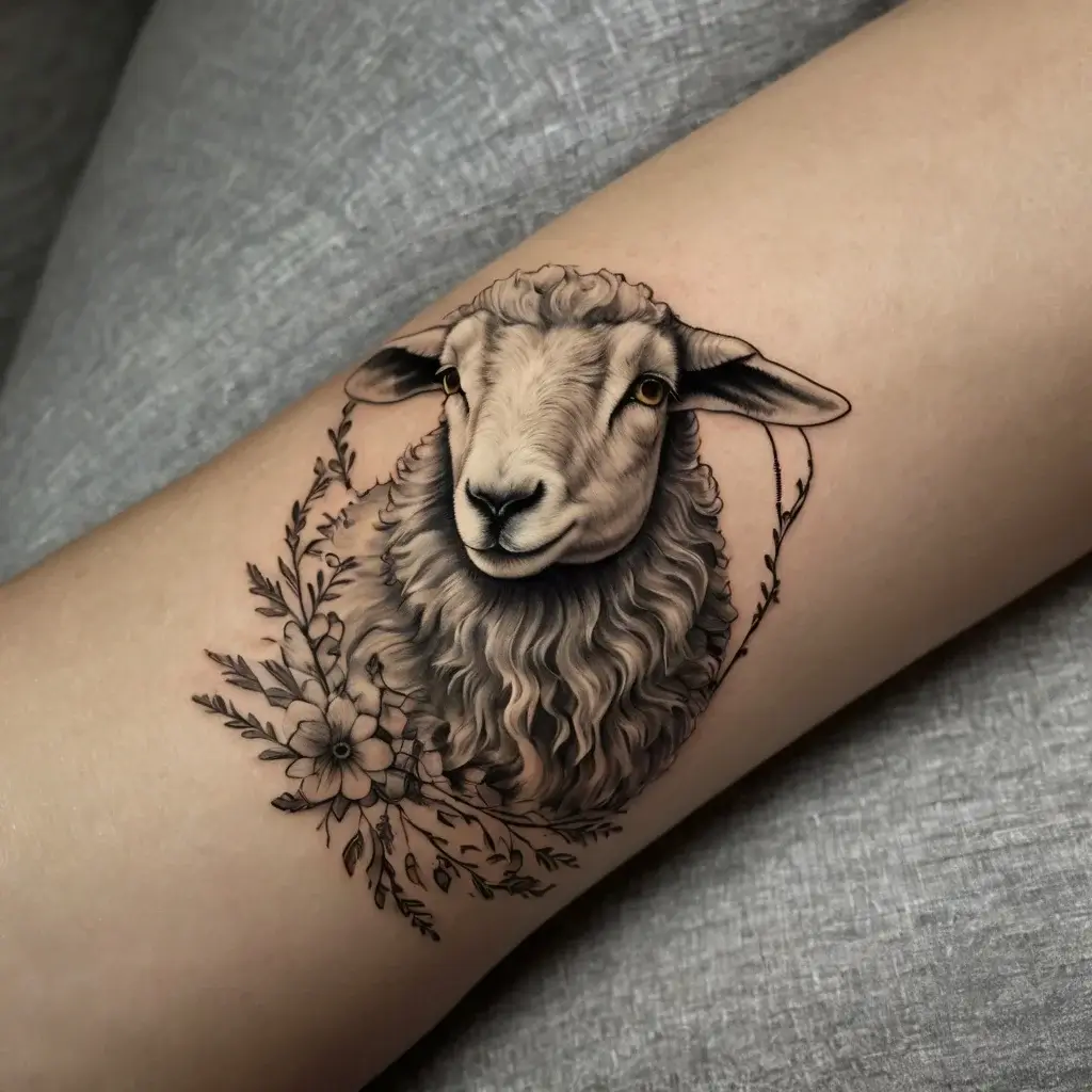 Realistic sheep head tattoo with detailed wool, encircled by floral elements, creating a soft, nature-inspired design.