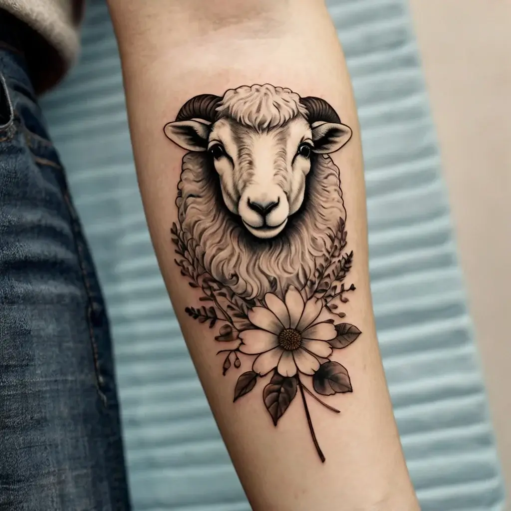 Tattoo of a ram's head with ornate horns, surrounded by leaves, and a large daisy below on the forearm.