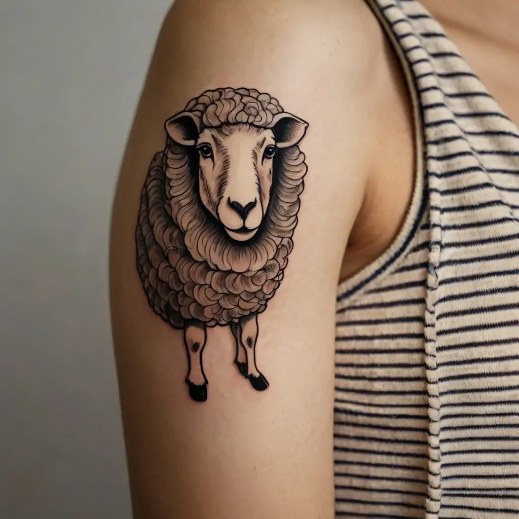 Tattoo of a realistic sheep, featuring detailed wool texture and shading on the upper arm, set against a neutral background.