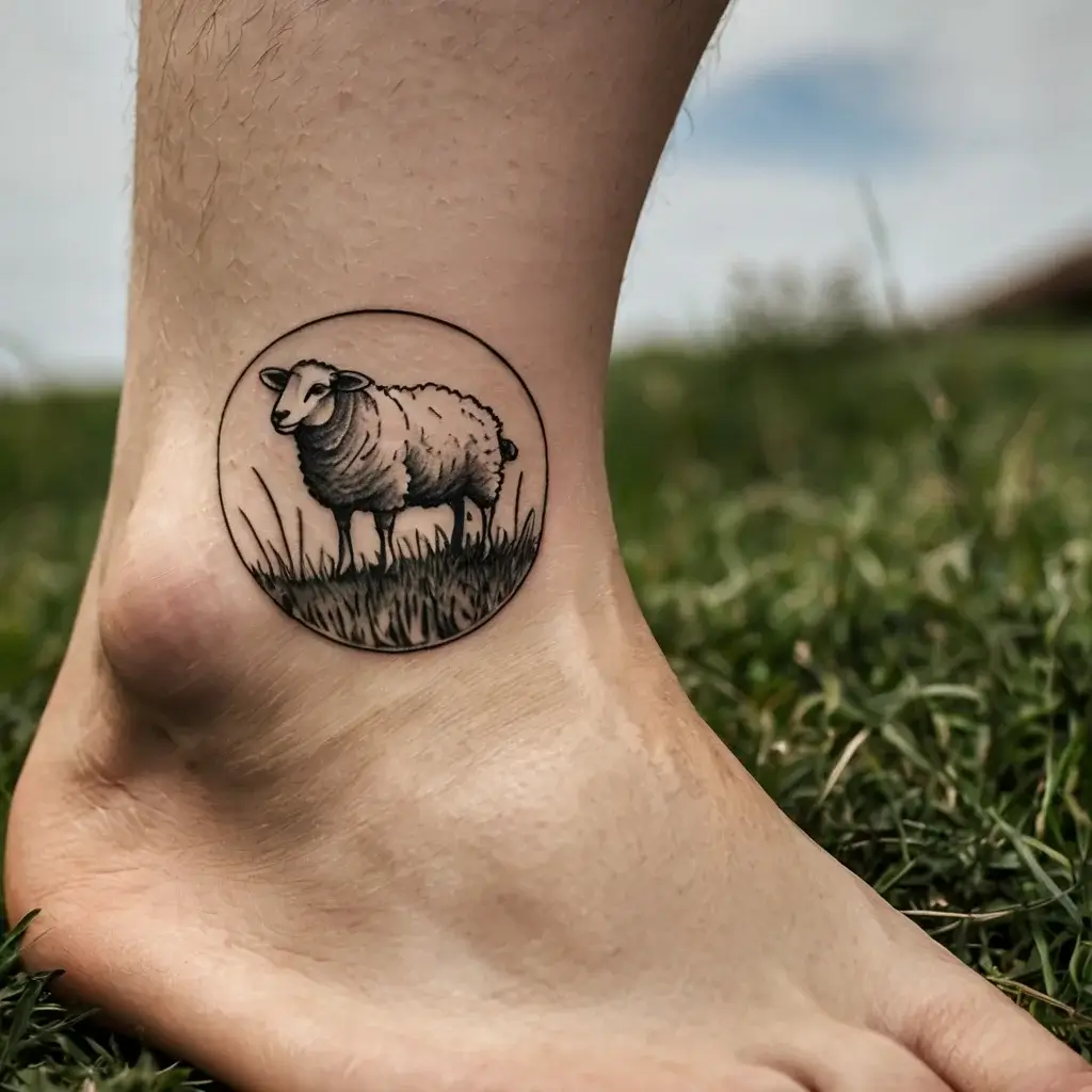 Tattoo of a sheep in a circle with detailed shading, standing on grass, placed on the ankle.