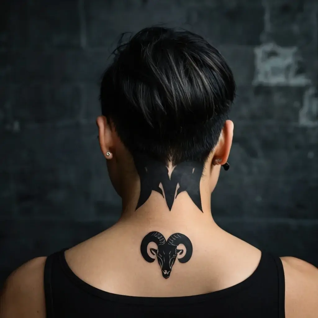 Tattoo of a bold black ram head on the upper back, symbolizing strength and determination, with stylized horns extending upwards.