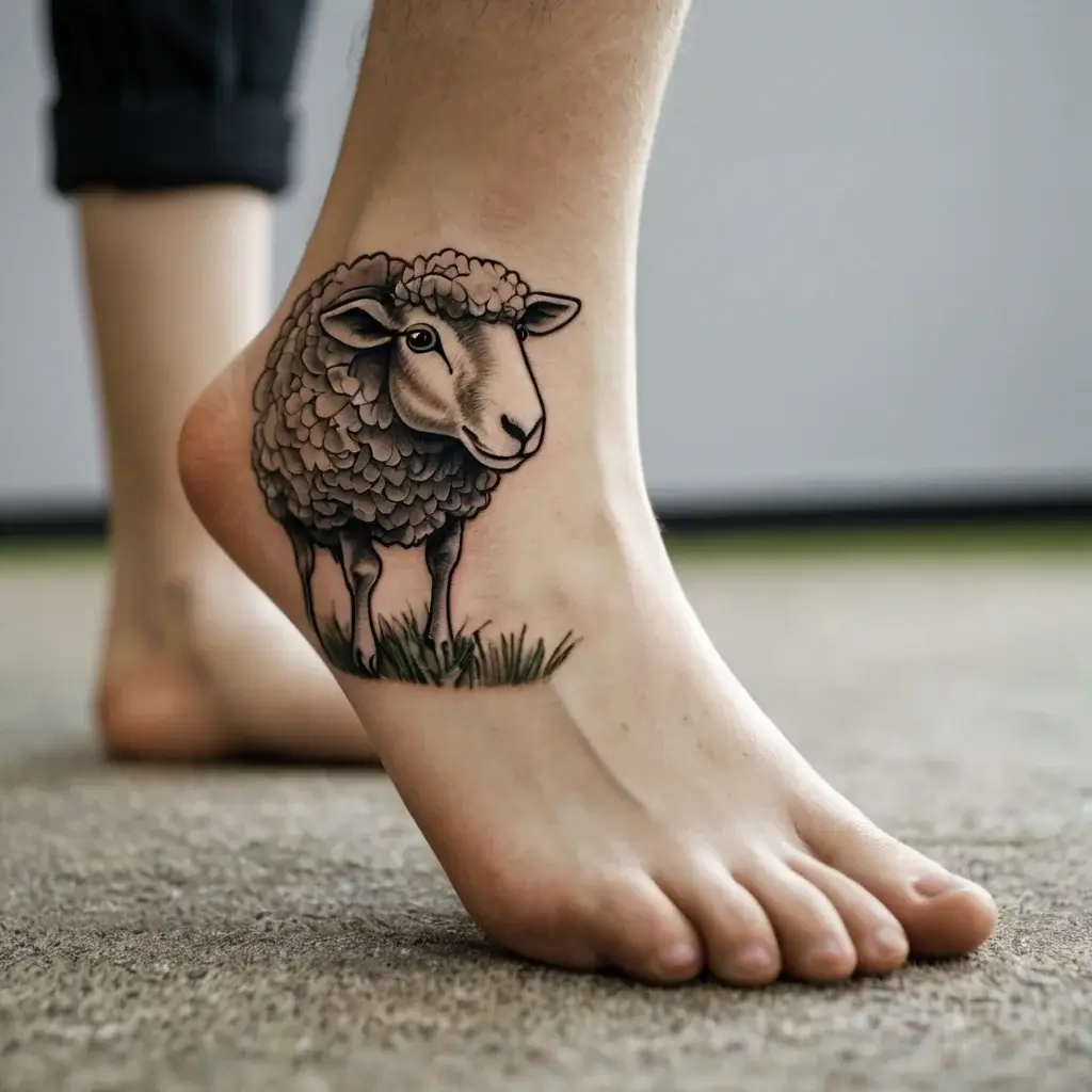 Realistic sheep tattoo on ankle, showcasing detailed wool texture and shading, standing on grass.