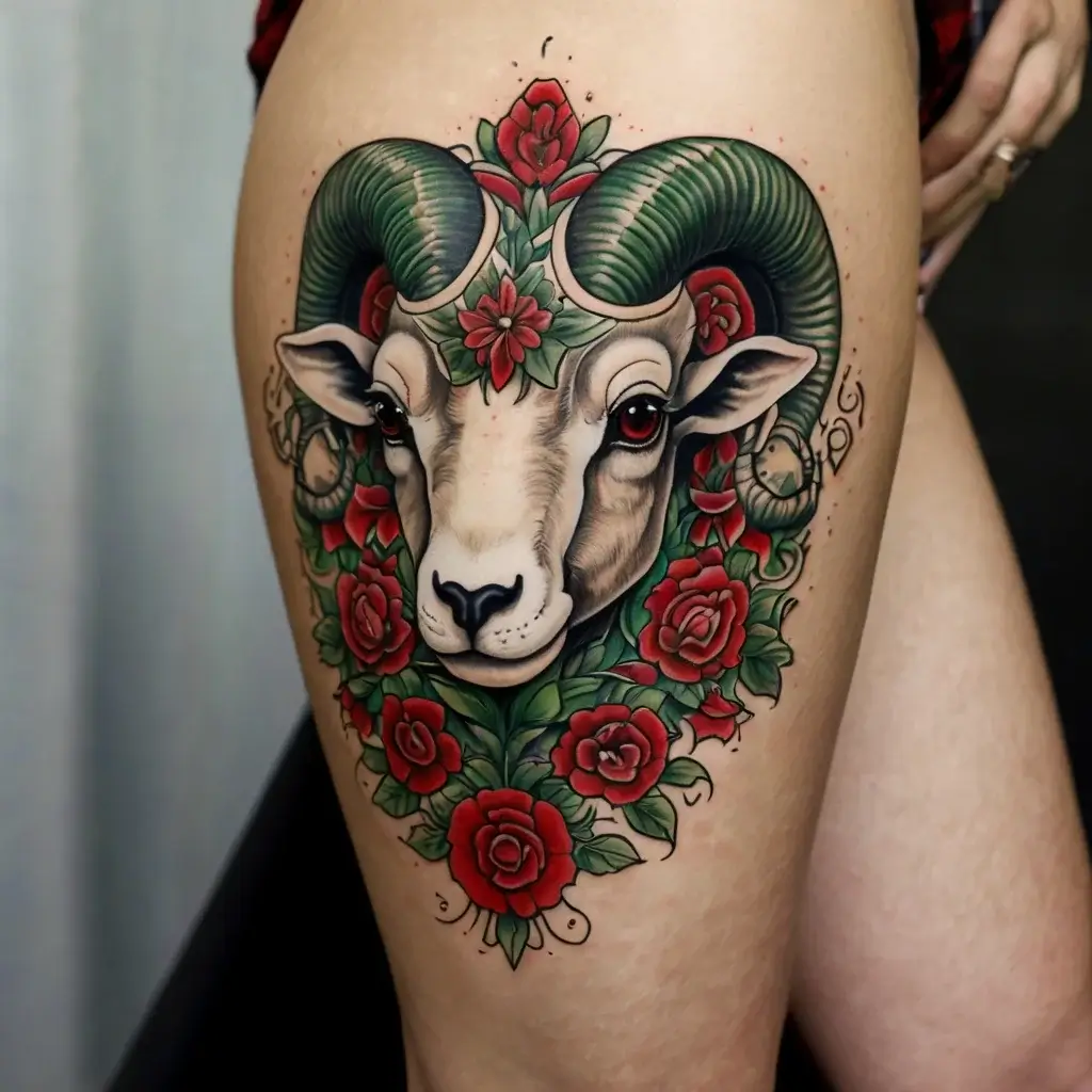 A detailed ram's head with green horns, surrounded by vibrant red roses and green leaves creating a bold thigh tattoo.