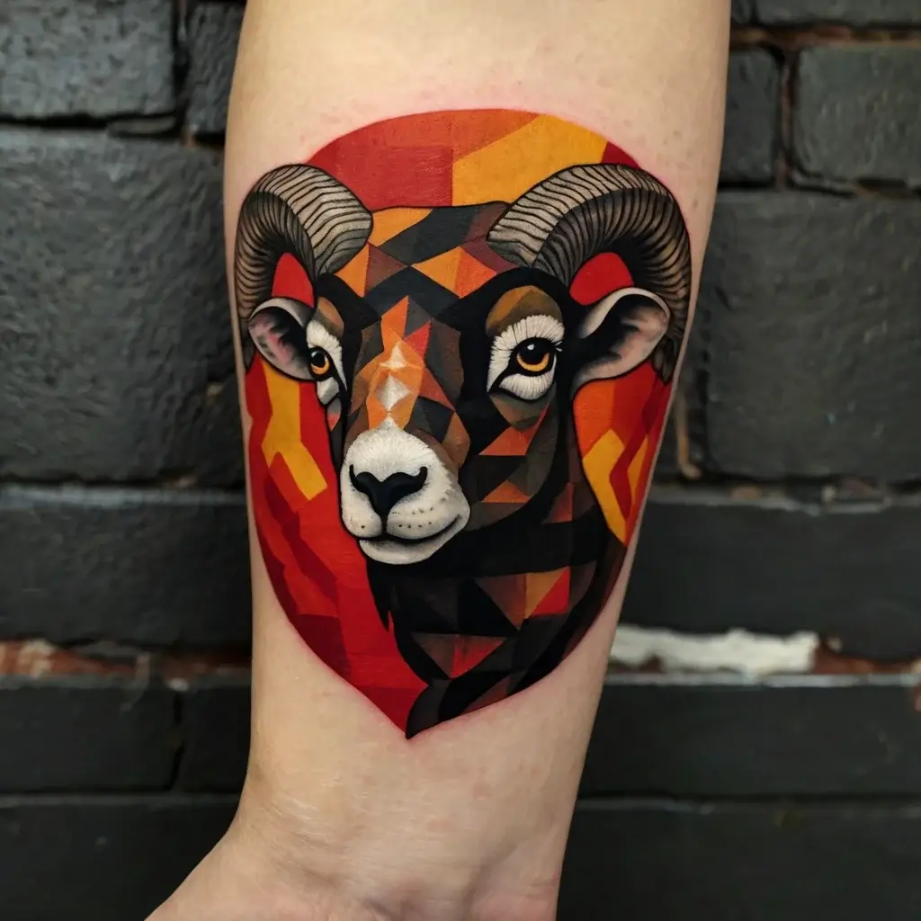 Geometric ram tattoo with vibrant colors and sharp edges, using red and orange for a dynamic, bold effect.