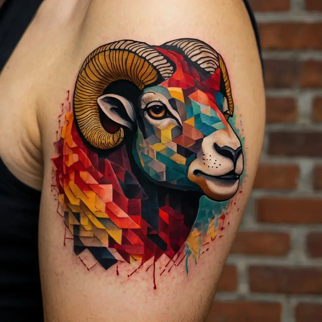 Geometric ram tattoo with vibrant colors: red, yellow, blue. The design combines polygonal shapes and bold outlines.