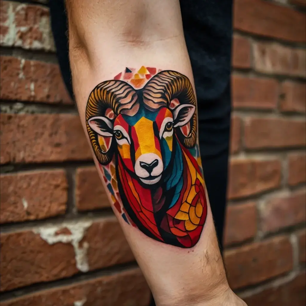 Abstract ram tattoo with bold, geometric shapes in vibrant colors. Integrates facets for dynamic visual impact.