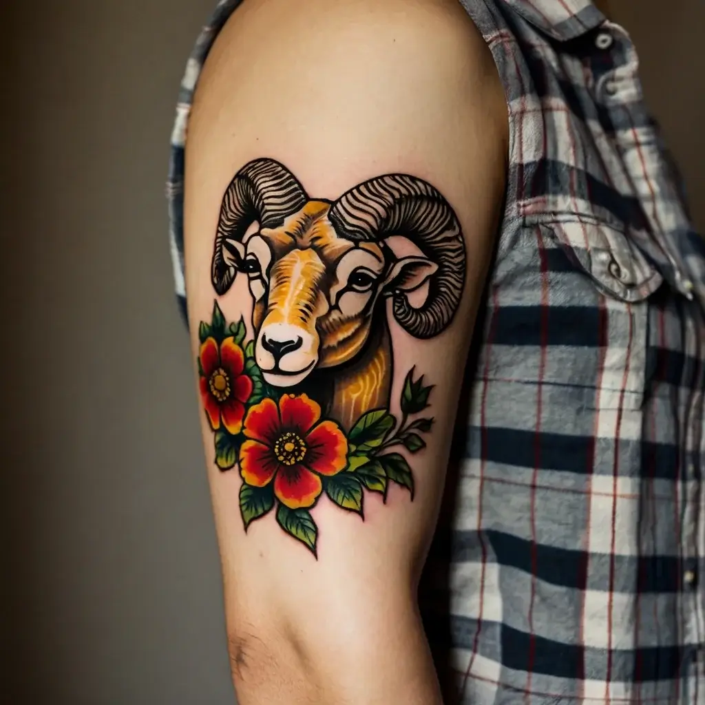 Bold ram head tattoo with intricate horns, accented by vivid red flowers and green leaves on upper arm.