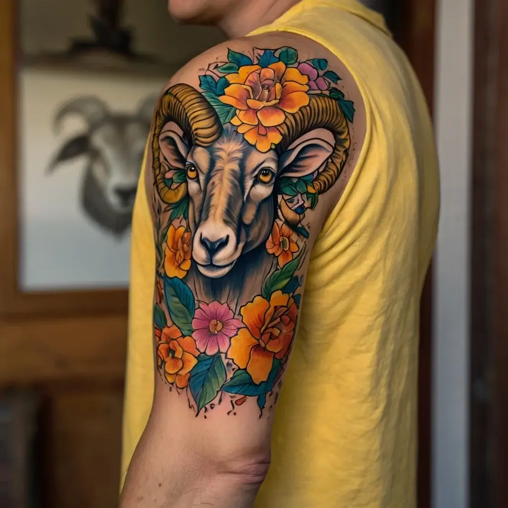 A vibrant ram's head tattoo with ornate horns, surrounded by colorful flowers and leaves on an upper arm.