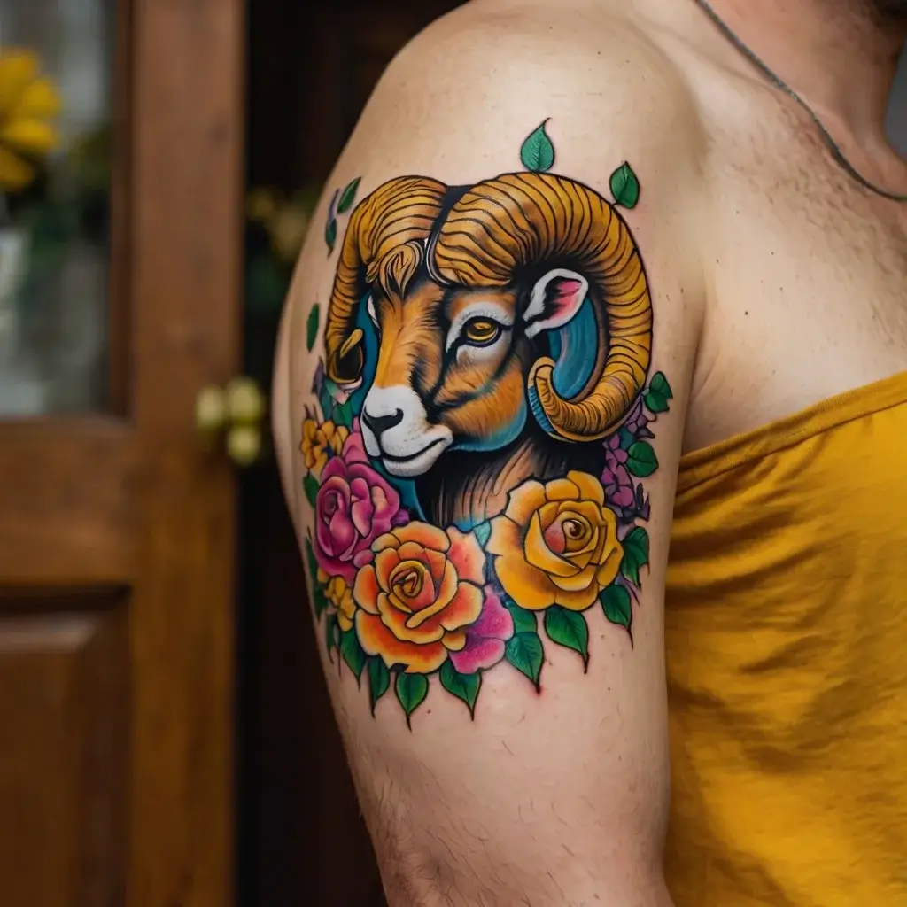 Colorful ram head tattoo with prominent horns, surrounded by vibrant roses and green leaves on a shoulder.