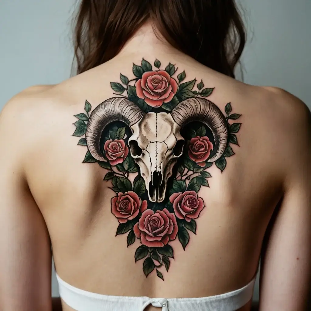 Tattoo of a ram skull with detailed horns, surrounded by vividly colored roses and green leaves, centered on the back.