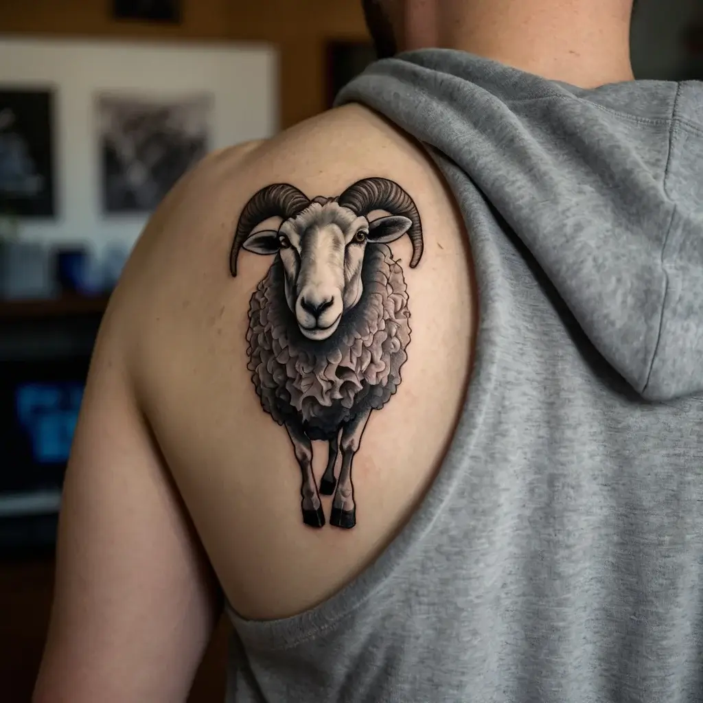 Tattoo of a detailed, realistic ram with curled horns on a shoulder, showcasing intricate shading and texture.