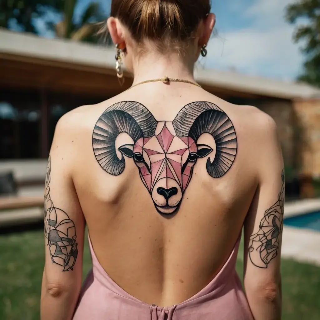 Geometric ram tattoo on the back; features bold lines and a mix of pink and black colors, showcasing symmetrical horns.