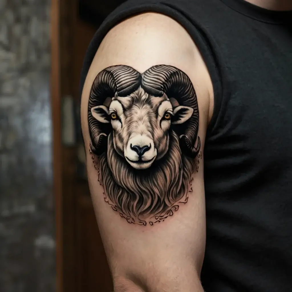 Realistic ram tattoo on upper arm, featuring detailed horns and expressive eyes, symbolizing strength and determination.