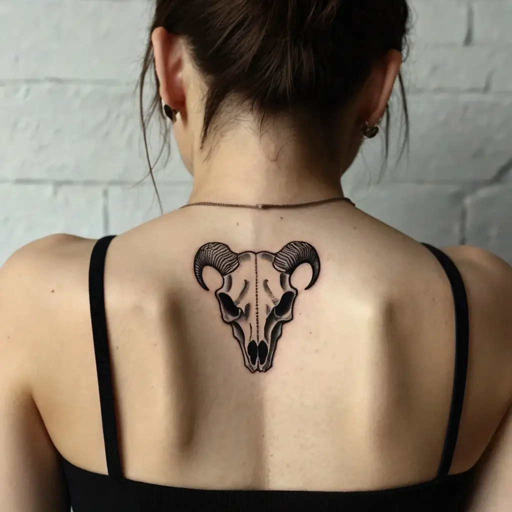 Tattoo of a ram skull with detailed horn shading, centered on the upper back, symbolizing strength and resilience.