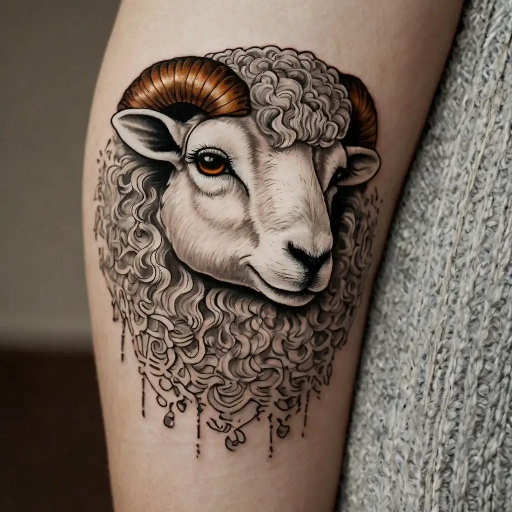 Intricate ram tattoo with detailed curly wool and brown horns, featuring black ink accents dripping below.