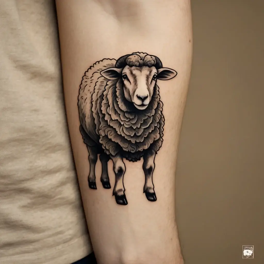 Black and gray tattoo of a realistic sheep, detailed wool texture, on inner arm, symbolizing innocence and tranquility.