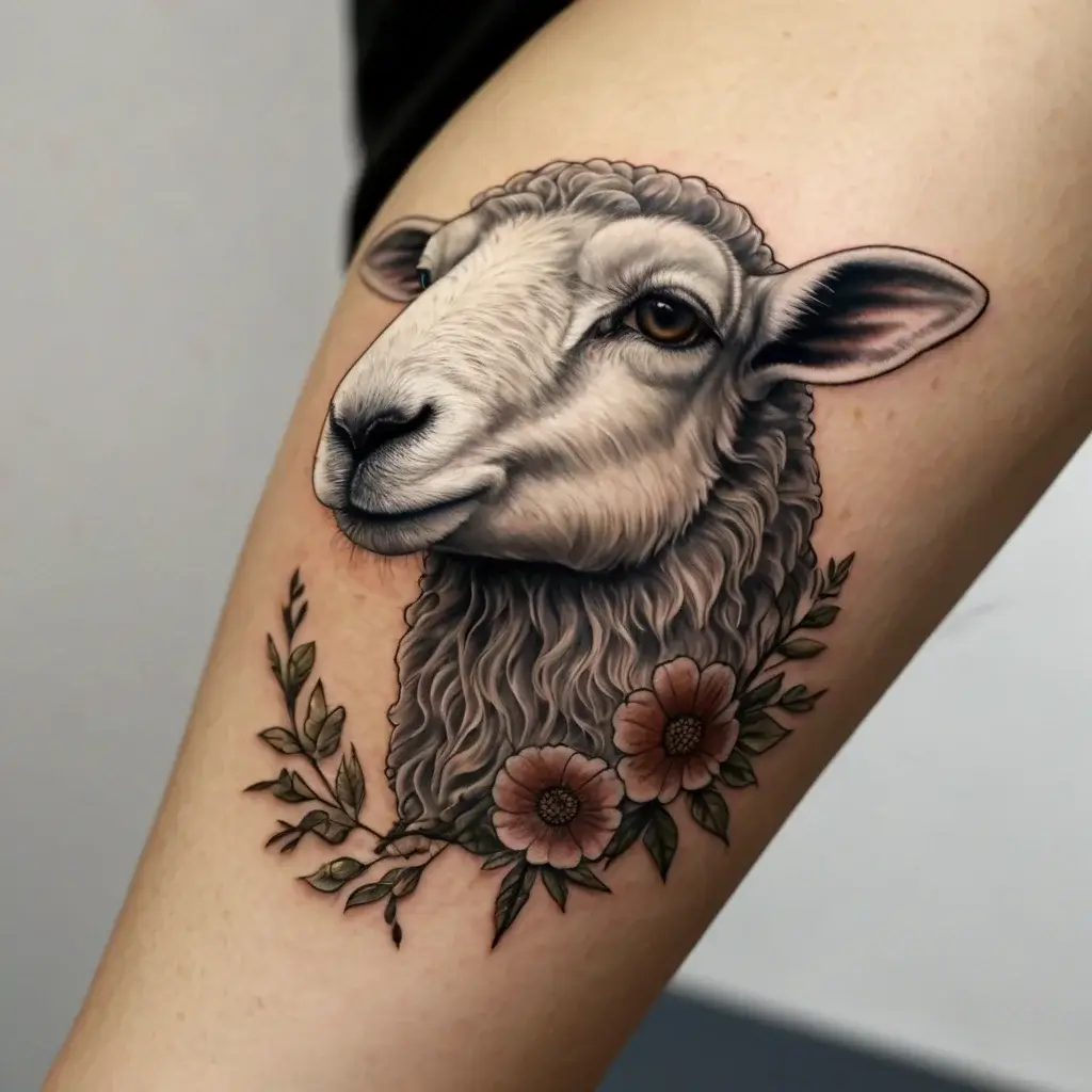 Realistic sheep head tattooed with soft shading, surrounded by delicate flowers and leaves, on a person's skin.