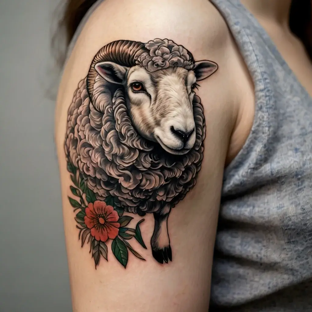 Tattoo of a detailed ram with curly wool and horns, adorned with a red flower and green leaves on the upper arm.