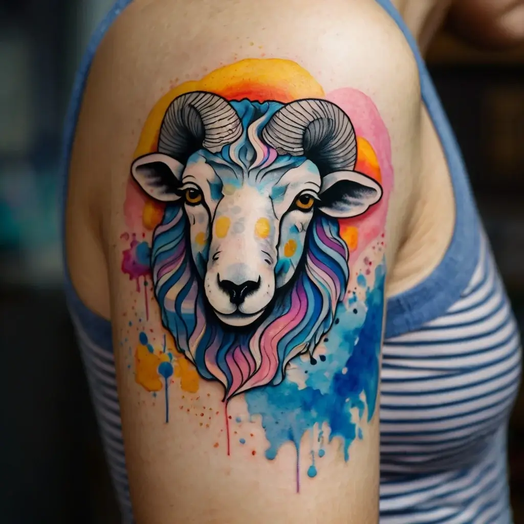 A vibrant ram tattoo with colorful watercolor splashes and bold lines on the upper arm, blending blue, pink, and yellow.