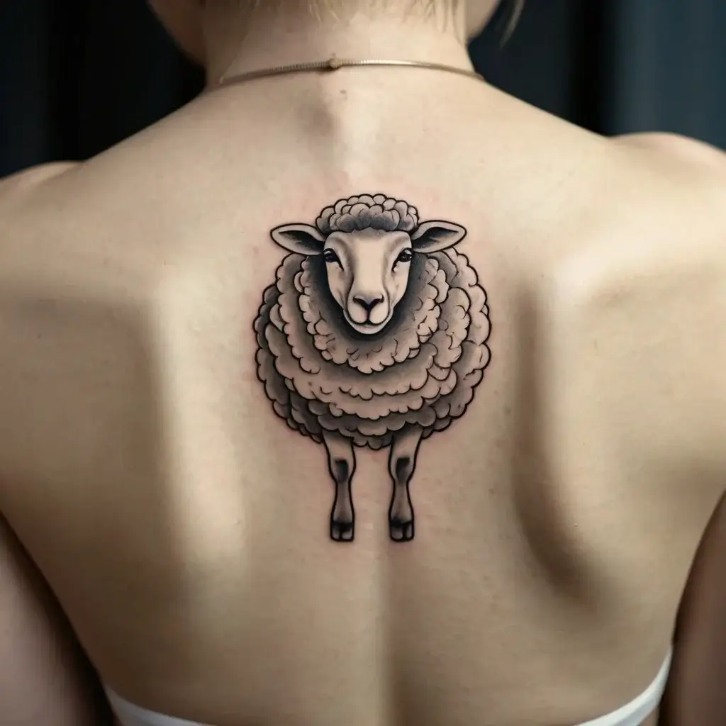 Tattoo of a fluffy sheep on the upper back, with detailed shading and a subtle 3D effect, symbolizing innocence.