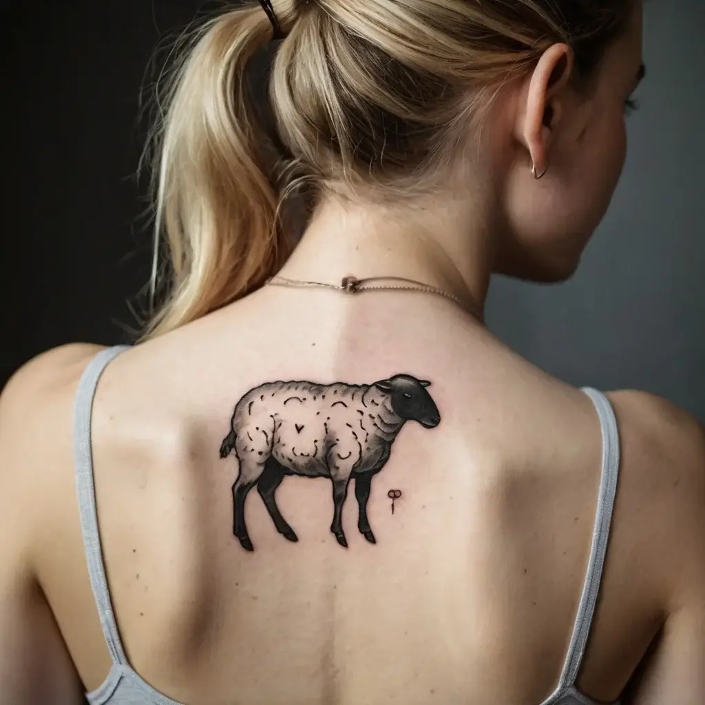 Tattoo of a black-faced sheep on upper back, featuring shaded wool and minimalist details, symbolizing uniqueness and tranquility.