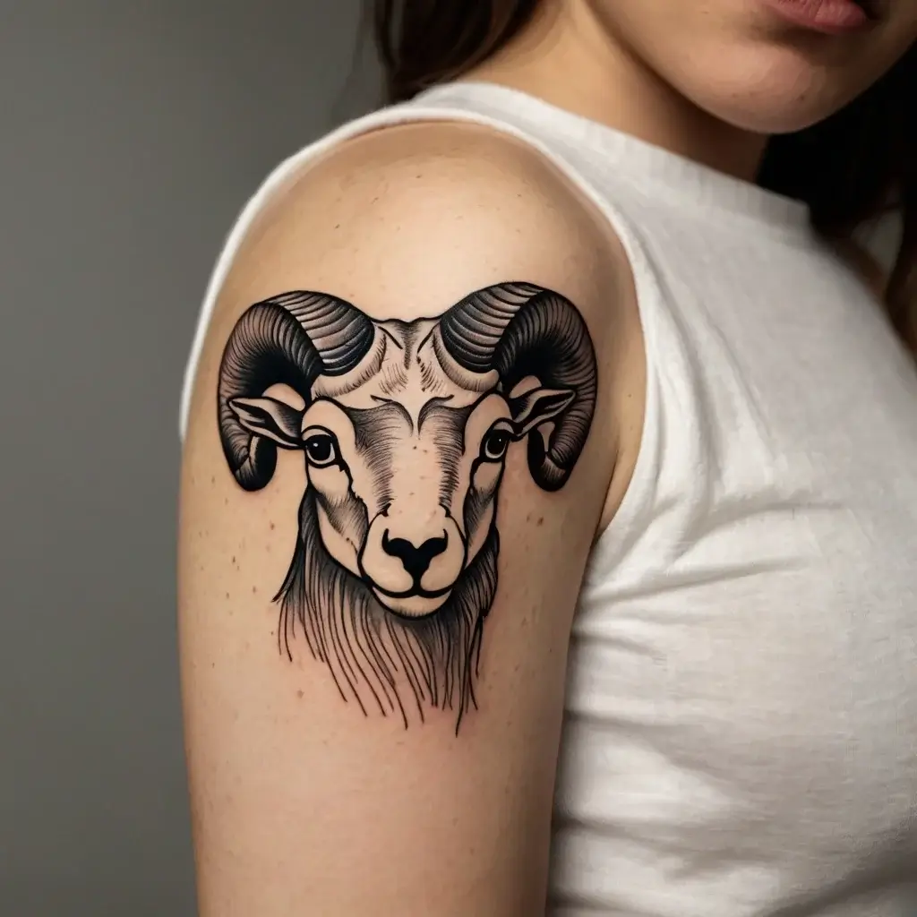 Tattoo of a ram's head with intricate shading and bold lines, featuring detailed curved horns on the upper arm.