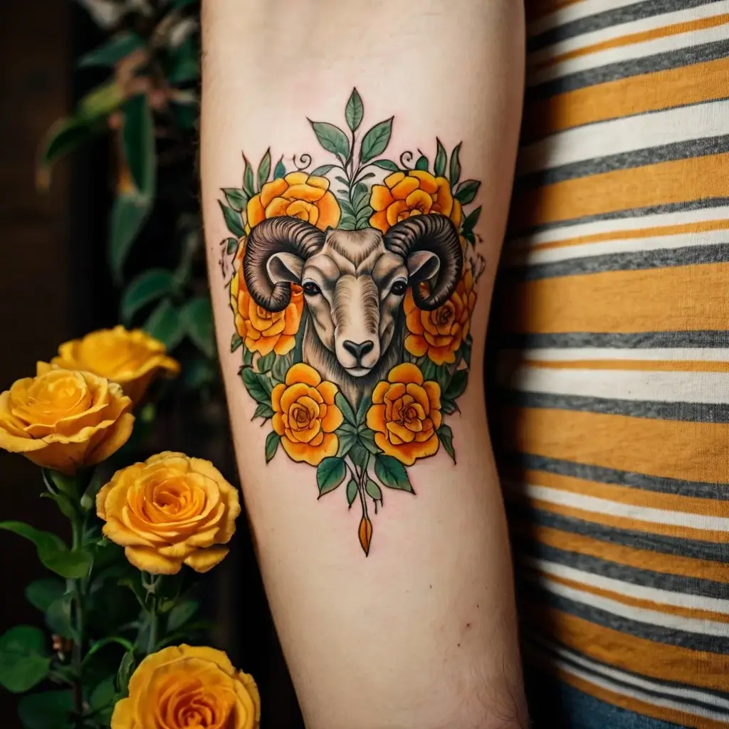 Tattoo of a ram's head surrounded by vibrant orange roses and green leaves on the arm, blending strength with beauty.