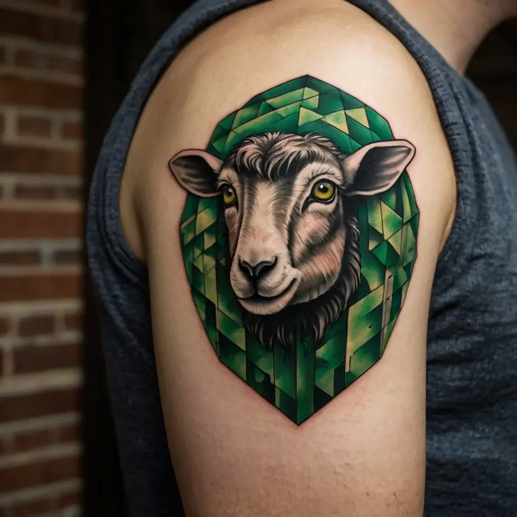 Tattoo of a realistic ram encircled by geometric green shapes on an arm, combining nature and abstract art.