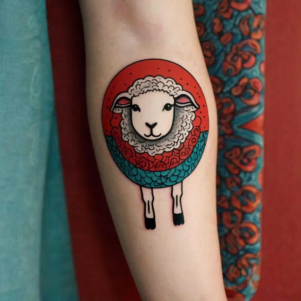 Colorful sheep tattoo with a circular red and blue patterned wool design on forearm; bold lines and stylized symmetry.