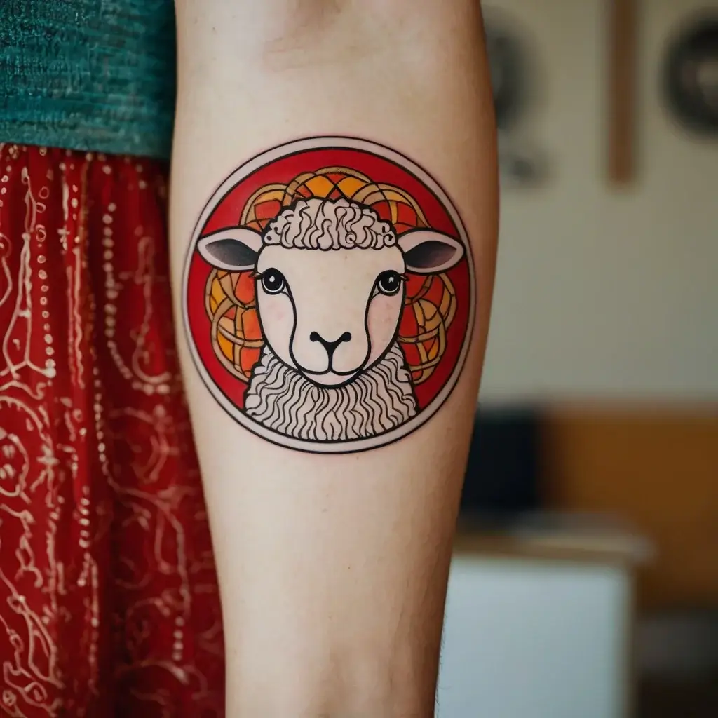 Tattoo of a stylized sheep with a colorful geometric patterned background, encircled in vibrant red and orange tones.