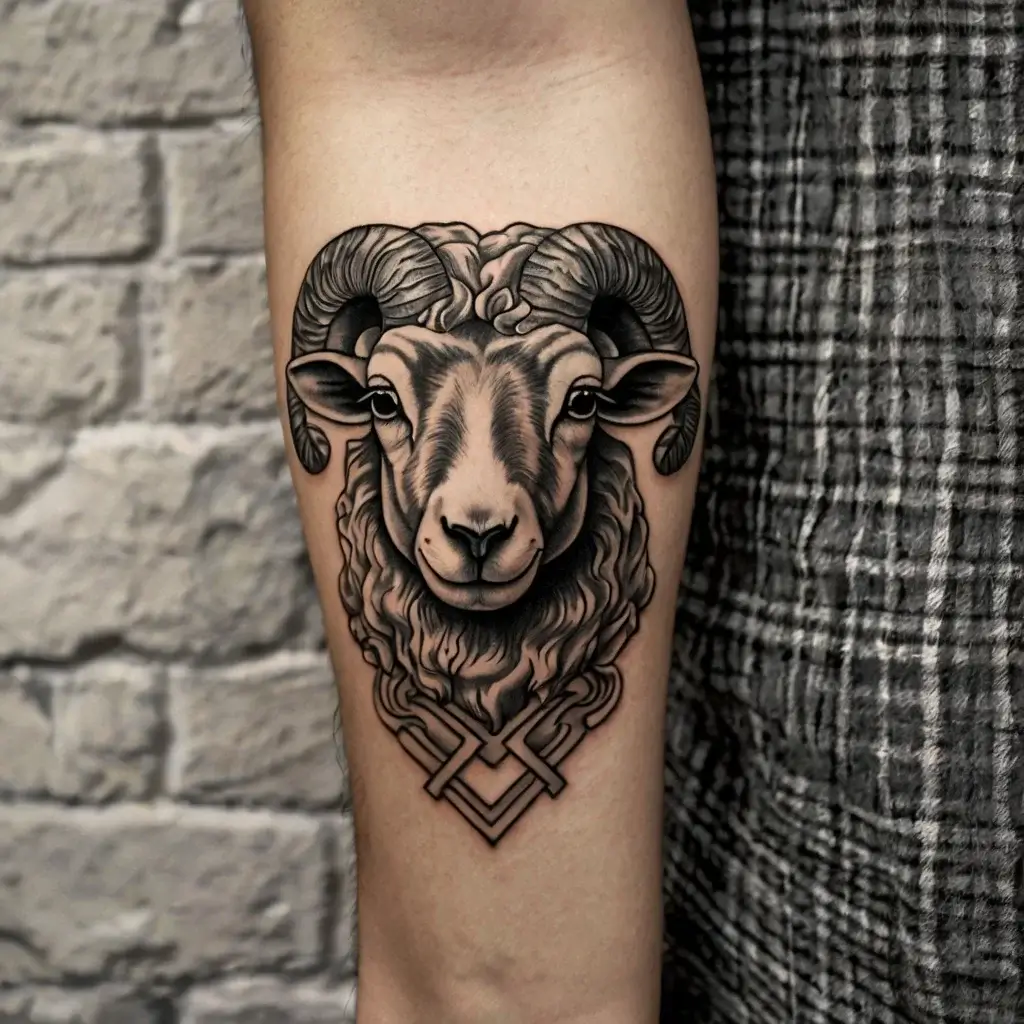 Realistic ram tattoo with detailed horns and fur, set against geometric shapes on the forearm.