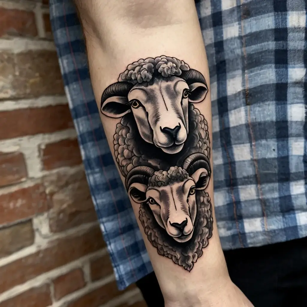 Black and gray tattoo of two detailed rams' heads stacked, symbolizing strength and duality, on forearm.