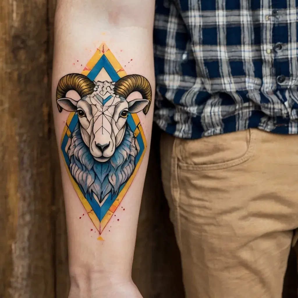 Tattoo of a ram's head with geometric details, framed by a blue and orange diamond, blending realism with abstract art.