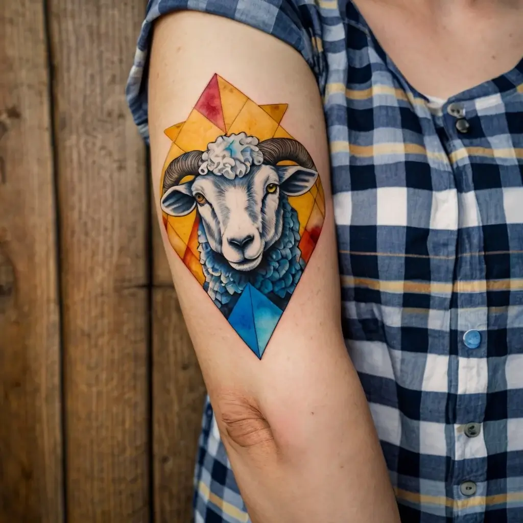 Geometric tattoo of a ram with multicolored polygonal shapes, blending realism and abstract art on the upper arm.