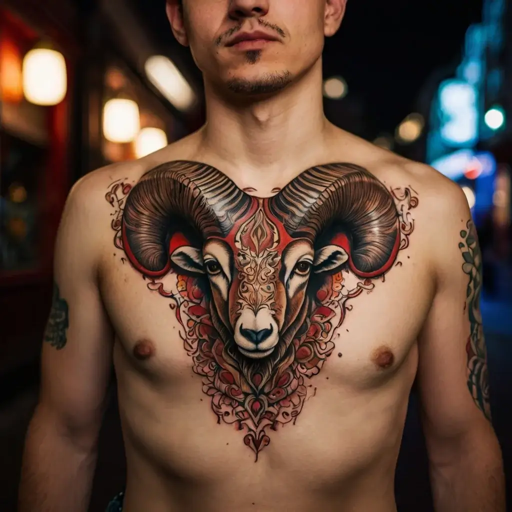 Chest tattoo of a stylized ram's head with intricate swirling patterns in red and brown hues, symbolizing strength and determination.