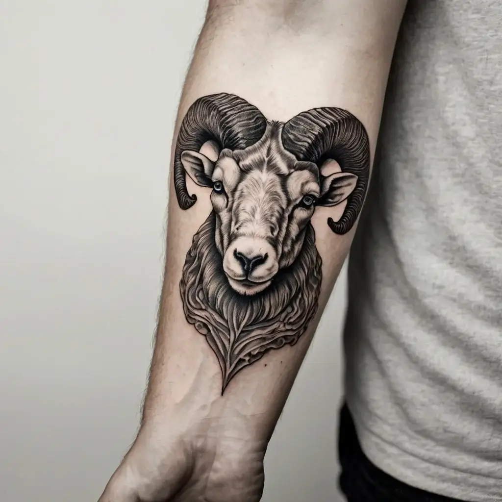 Realistic ram head tattoo on forearm, detailed shading, intricate curls on horns, symbolizing strength and determination.