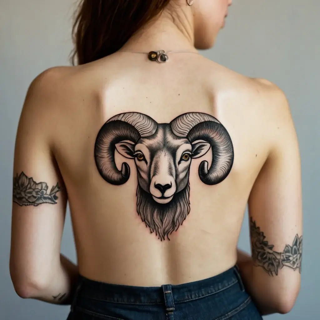 Realistic ram head tattoo on a woman's back, featuring bold shading and intricate horn details; forearm floral tattoos visible.