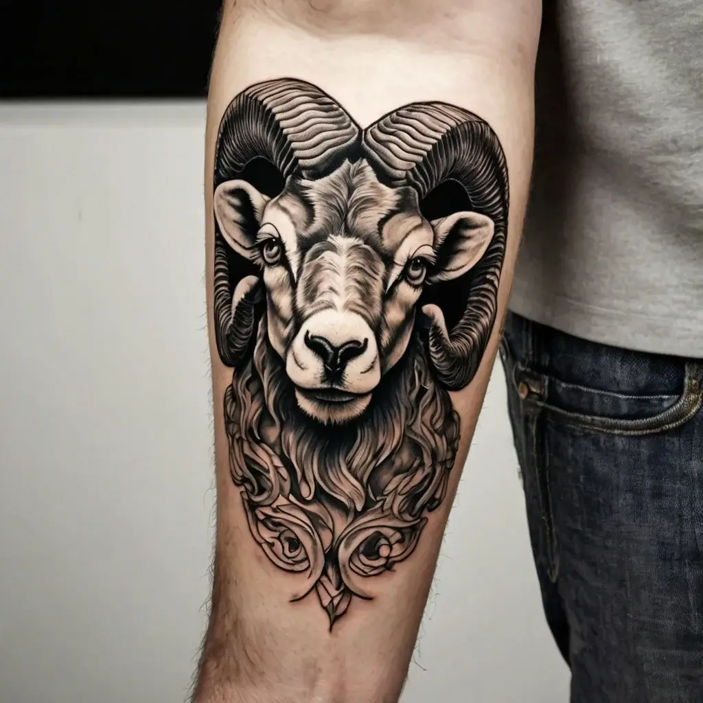 Realistic ram head tattoo with detailed shading and ornate, swirling patterns, emphasizing strength and wisdom.