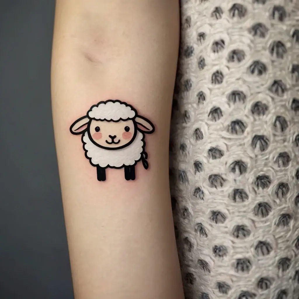 Cute minimalist tattoo of a cartoon sheep with rosy cheeks, outlined in black, on the inner arm.