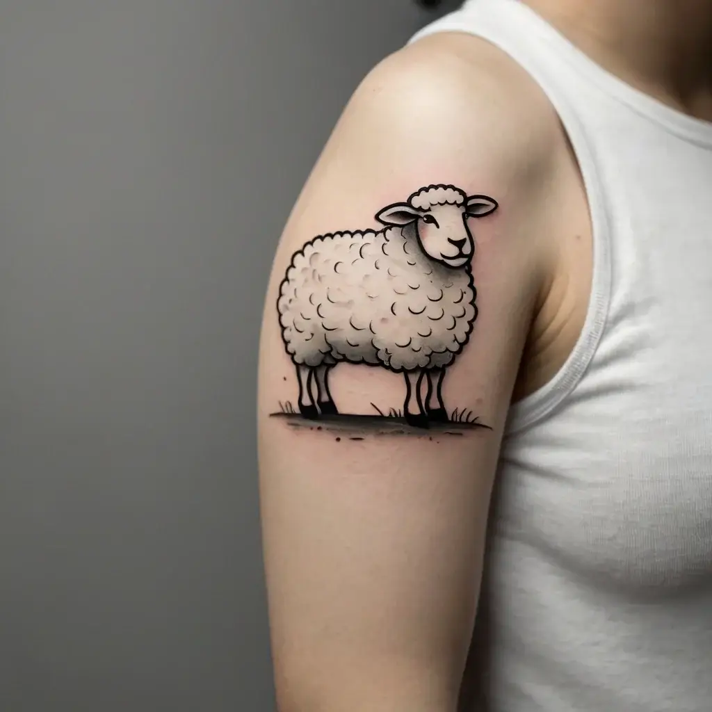 Tattoo of a fluffy sheep on bicep, outlined in bold black with subtle shading, standing on a patch of grass.