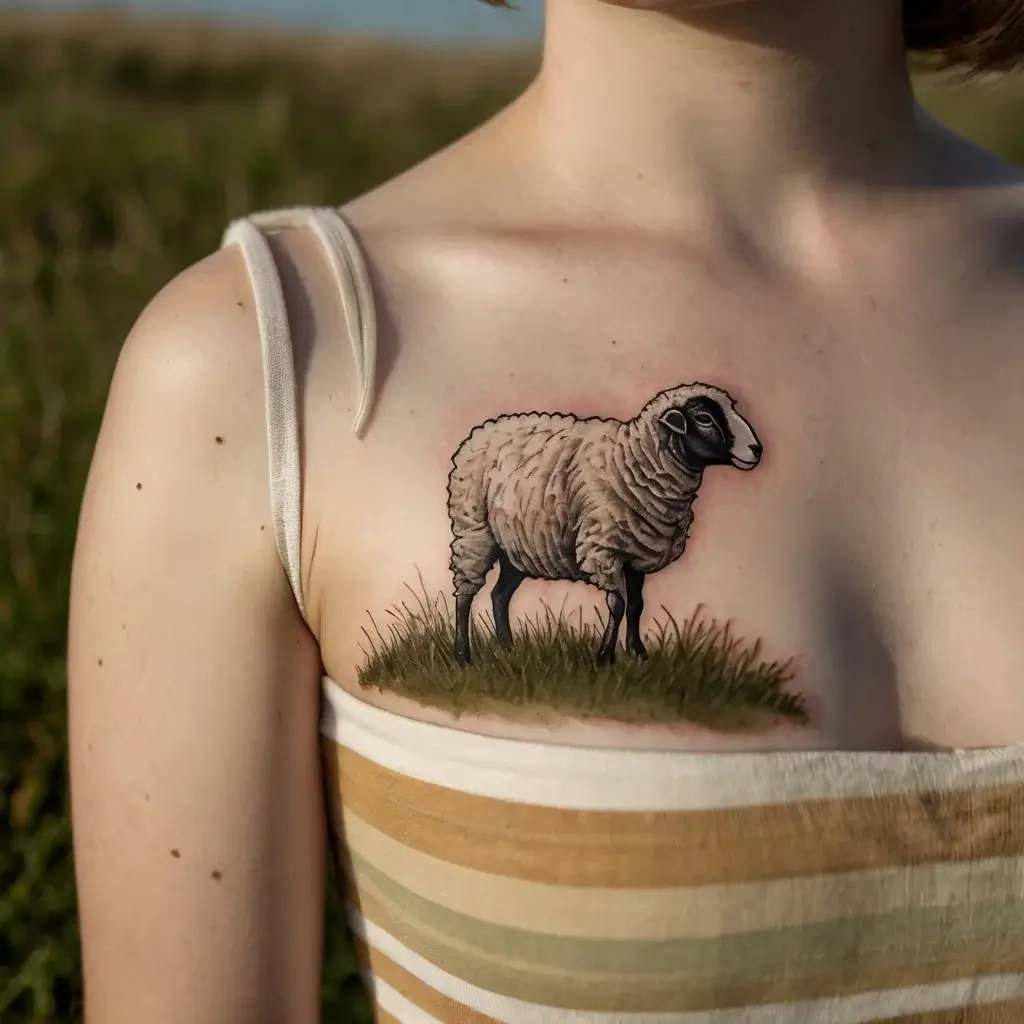 A realistic sheep tattoo on the chest, standing on grass. The design features intricate wool texture and shading.