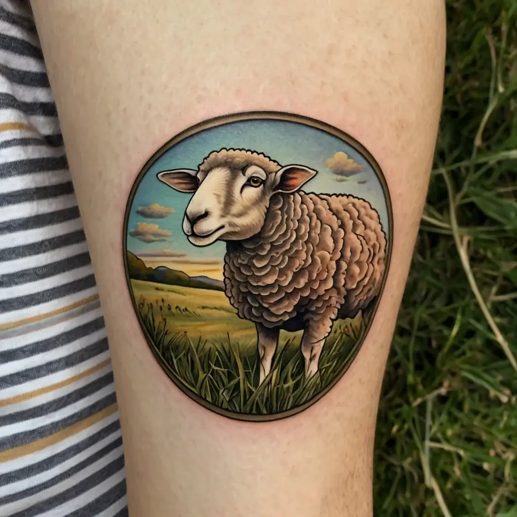 Tattoo of a realistic sheep standing in a grassy field, encircled by a frame. Background shows a peaceful sky.