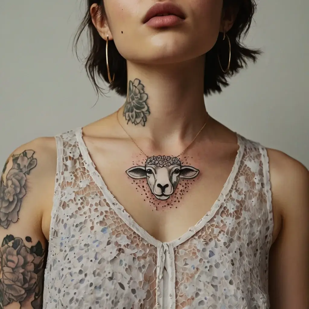 Chest tattoo of a sheep's head with floral crown. Black ink detail, framed by dots, symbolizes innocence and beauty.