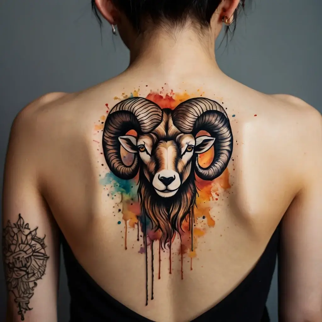 Realistic ram head tattoo with colorful watercolor splashes on back; detailed horns and intense expression.