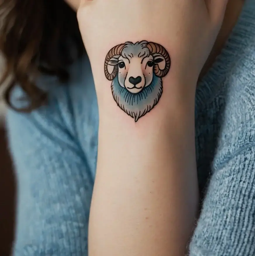 Tattoo of a stylized ram's head with brown curved horns, a blue shaded beard, and dot work detailing on a forearm.