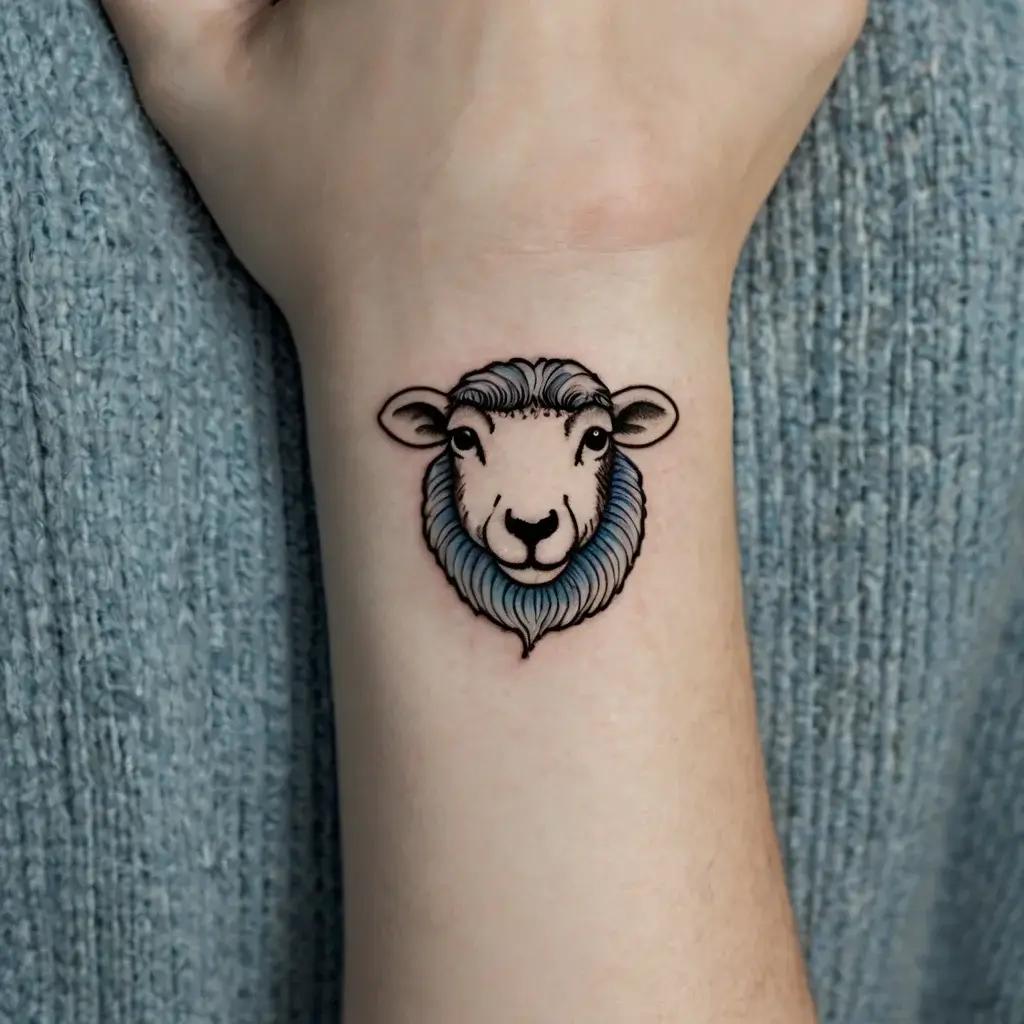 Tattoo of a sheep's head in black and blue ink, detailed fur texture, located on the inner wrist.